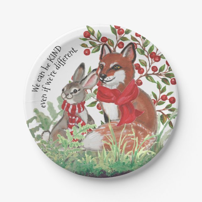 Kind Fox Bunny Rabbit Berry Holiday Christmas Cute Paper Plate (Front)