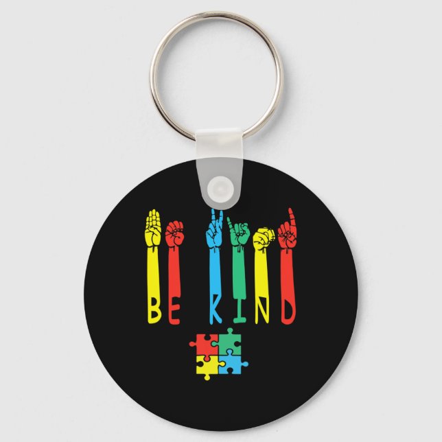 Kind Hand Sign Language Puzzle Autism Awareness As Key Ring (Front)