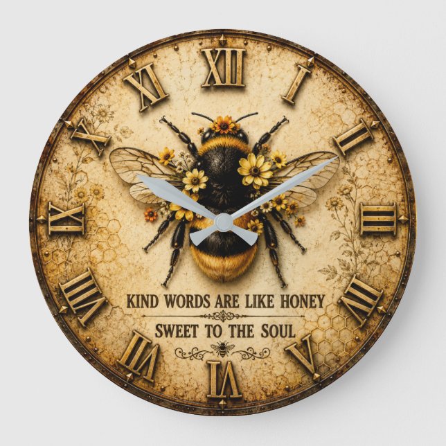 Kind Words Are Like Honey Bee Rustic Farmhouse Large Clock (Front)
