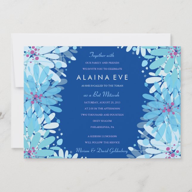 KINDA BLUE FLOWERS Bar Bat Mitzvah Invitation (Front)