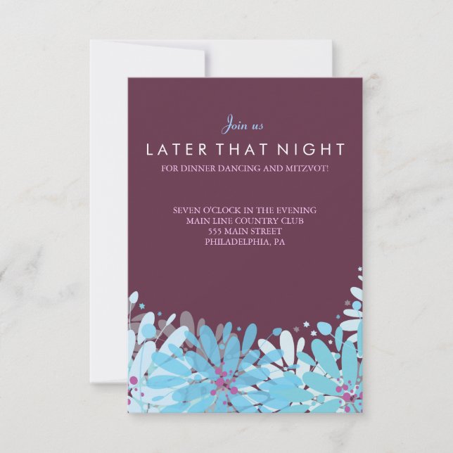 KINDA BLUE FLOWERS Bat Mitzvah Party Card (Front)