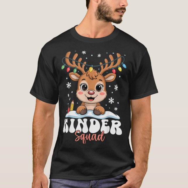 Kinder Squad Reindeer Christmas Lights Cute Winter T-Shirt (Front)