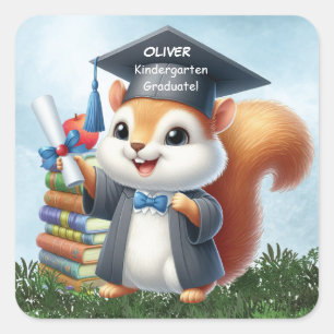 Kindergarte Graduation Boy Squirrel Square Sticker
