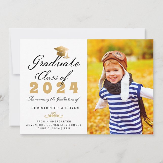 Kindergarten Black Gold Script Photo Graduation Announcement (Front)