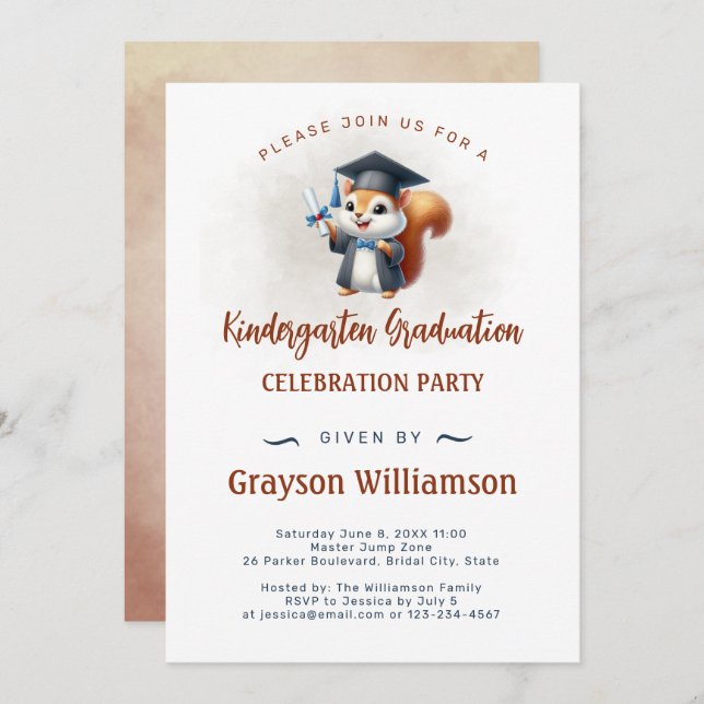 Kindergarten Boy Graduation Squirrel Invitation (Front/Back)