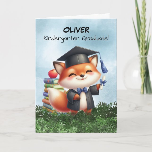 Kindergarten Graduation Boy Fox Congratulations Card (Front)