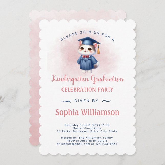 Kindergarten Graduation Cat for Girl Invitation (Front/Back)