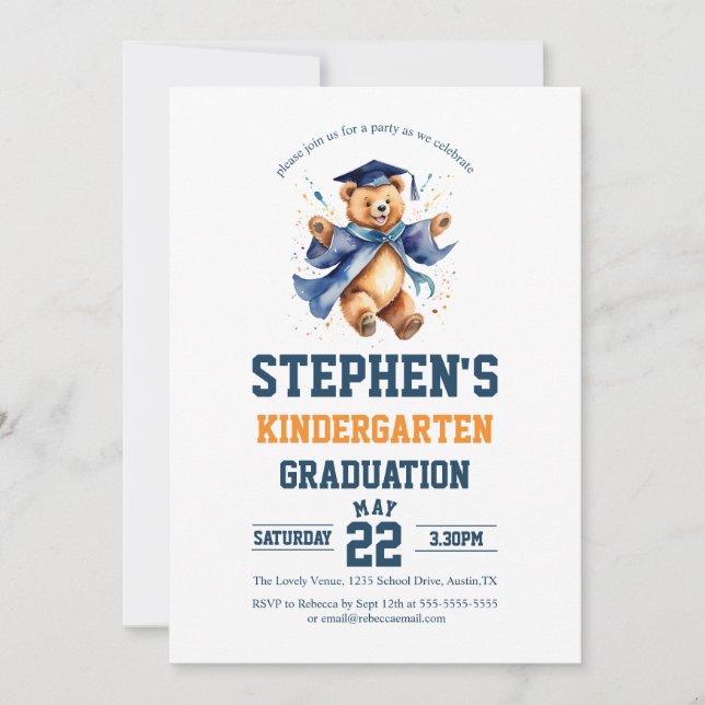Kindergarten Graduation Party Cute Teddy Bear  Invitation (Front)