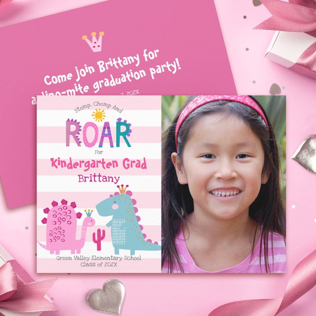 Kindergarten Graduation Photo Dinosaurs Girl Cute Invitation (Creator Uploaded)