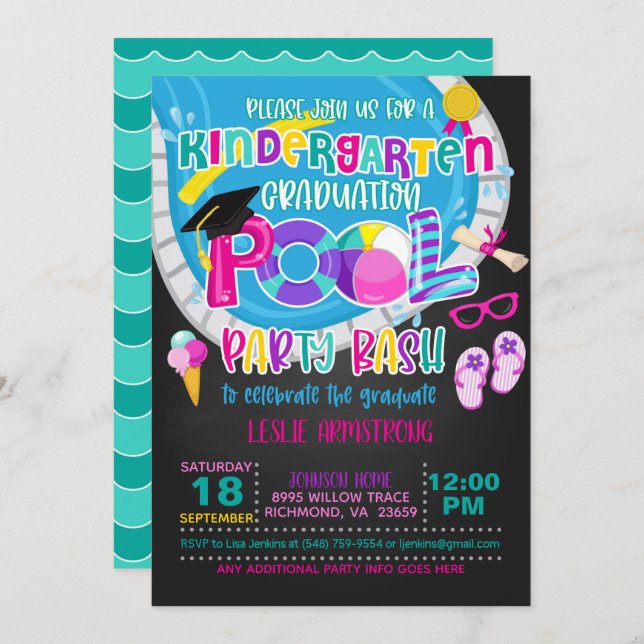 Kindergarten Graduation Pool Party - Girl Blk Invitation (Front/Back)