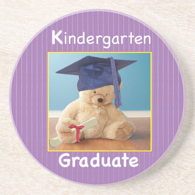 Kindergarten Graduation Teddy Bear on Purple Coaster (Front)