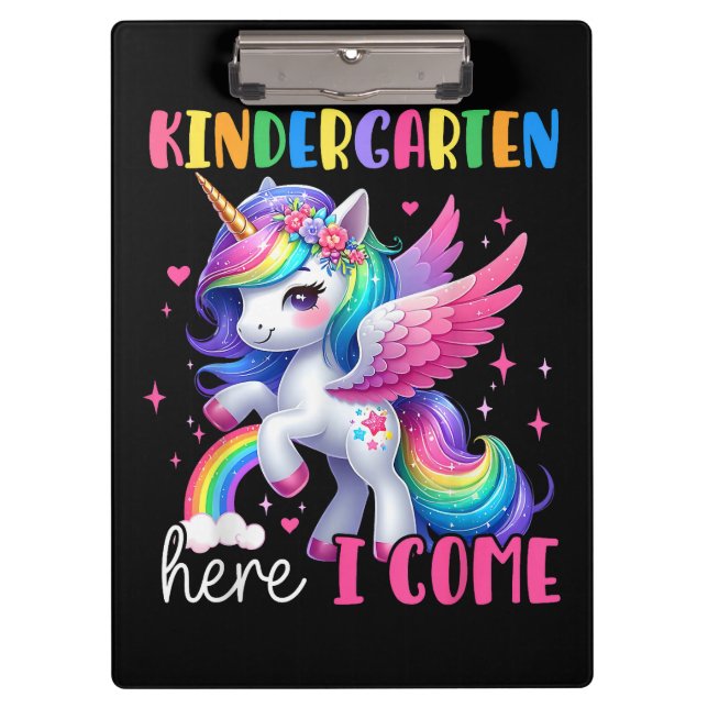 Kindergarten Here I Come Unicorn Back to School Clipboard (Front)