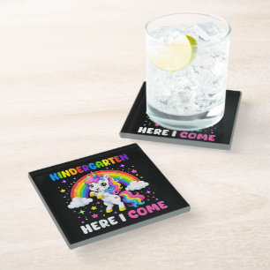 Kindergarten Here I Come Unicorn Back to School Glass Coaster
