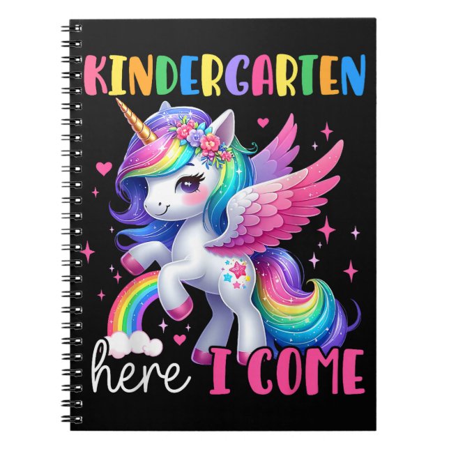 Kindergarten Here I Come Unicorn Back to School Notebook (Front)