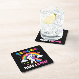 Kindergarten Here I Come Unicorn Back to School Square Paper Coaster