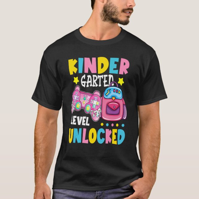 Kindergarten Level Unlocked Video Gamer Girls Back T-Shirt (Front)
