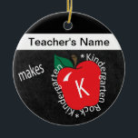 Kindergarten Rocks | School Teacher | Chalkboard Ceramic Tree Decoration<br><div class="desc">Kindergarten Grade School Teacher Ornament. An Unique Vintage Style for a kindergarten school teacher design ready for you to personalise. Featured in a vintage school style with the saying "Kindergarten Grade Rocks" 🥇AN ORIGINAL COPYRIGHT ART DESIGN by Donna Siegrist ONLY AVAILABLE ON ZAZZLE! ✔NOTE: ONLY CHANGE THE TEMPLATE AREAS NEEDED!...</div>
