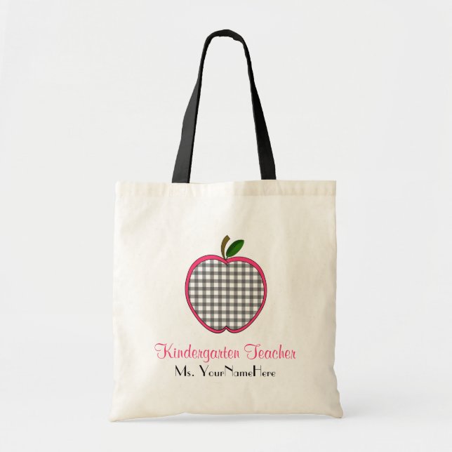 Kindergarten Teacher Bag - Grey Gingham Apple (Front)