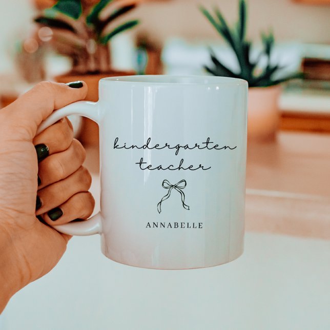 Kindergarten Teacher Minimalistic Black Bow Script Coffee Mug (Creator Uploaded)