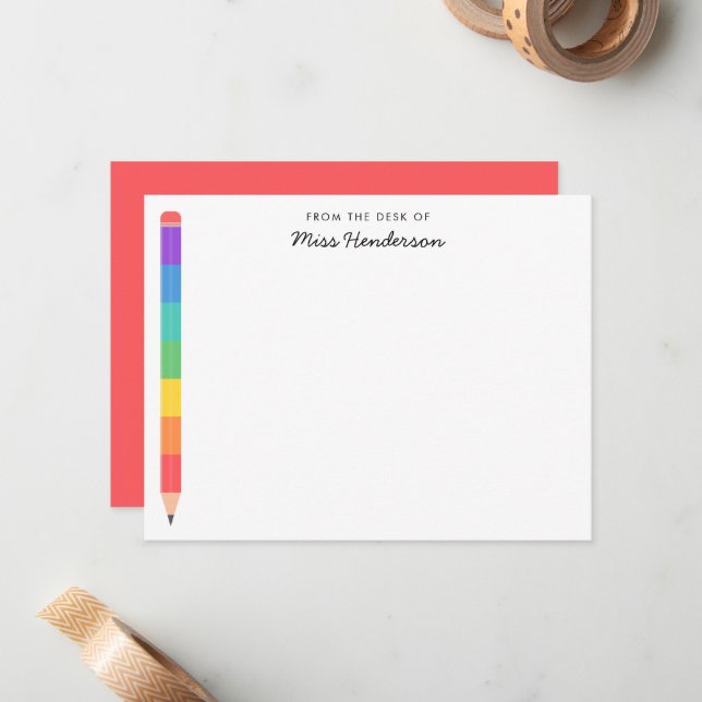 Kindergarten Teacher's Rainbow Pencil Custom  Card (Front/Back In Situ)
