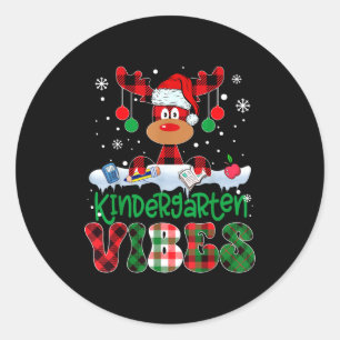 Kindergarten Vibes Teacher Buffalo Plaid Reindeer Classic Round Sticker
