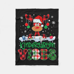 Kindergarten Vibes Teacher Buffalo Plaid Reindeer  Fleece Blanket