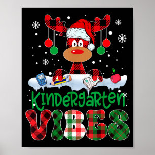 Kindergarten Vibes Teacher Buffalo Plaid Reindeer Poster