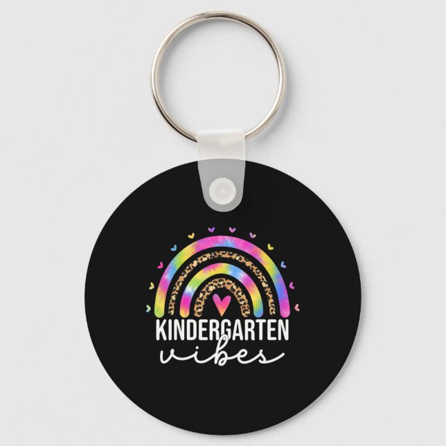 Kindergarten Vibes Tie Dye Leopard Rainbow Teacher Key Ring (Front)
