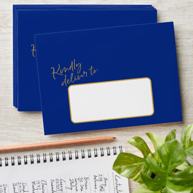"Kindly deliver to" Blue Yellow Script Graduation Envelope (Stacked)