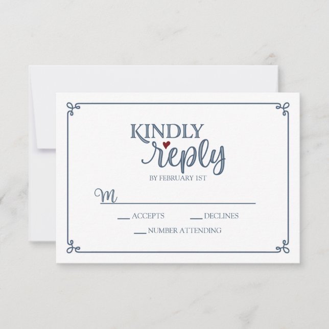 Kindly Reply - Dusty Blue & Red - RSVP Card (Front)
