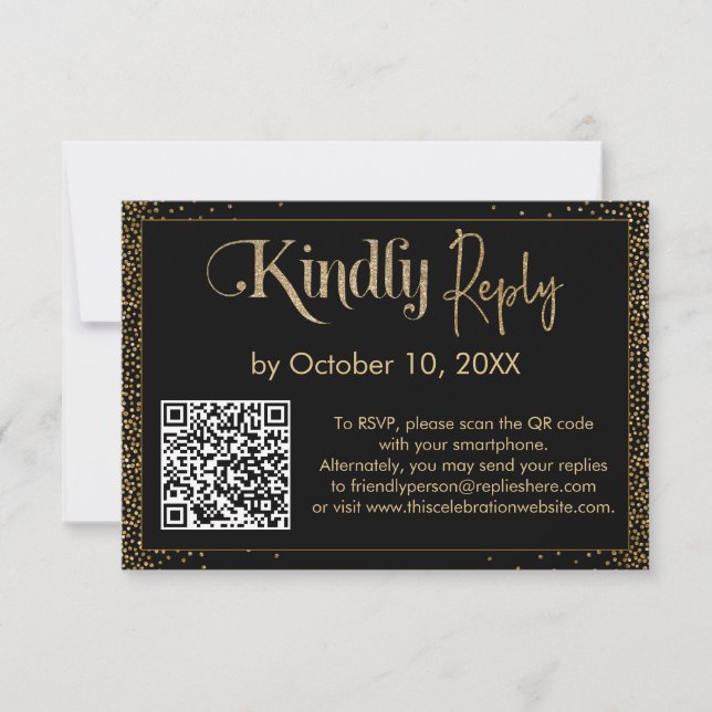 Kindly Reply Festive Confetti QR Code on Black RSVP Card (Front)