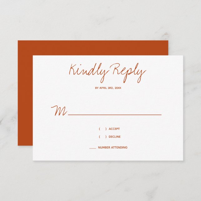 Kindly Reply Typography Burnt Orange Wedding RSVP Card (Front/Back)