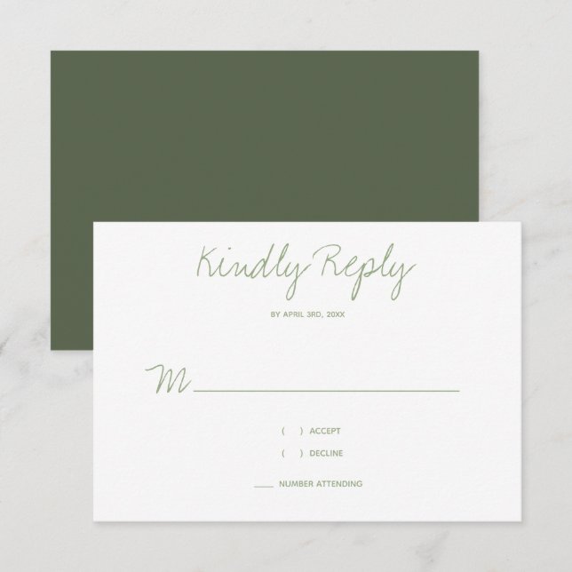 Kindly Reply Typography Sage Wedding RSVP Card (Front/Back)