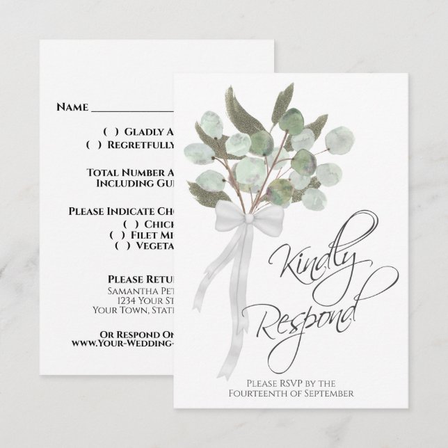 Kindly Respond Rustic Eucalyptus Bouquet Wedding RSVP Card (Front/Back)