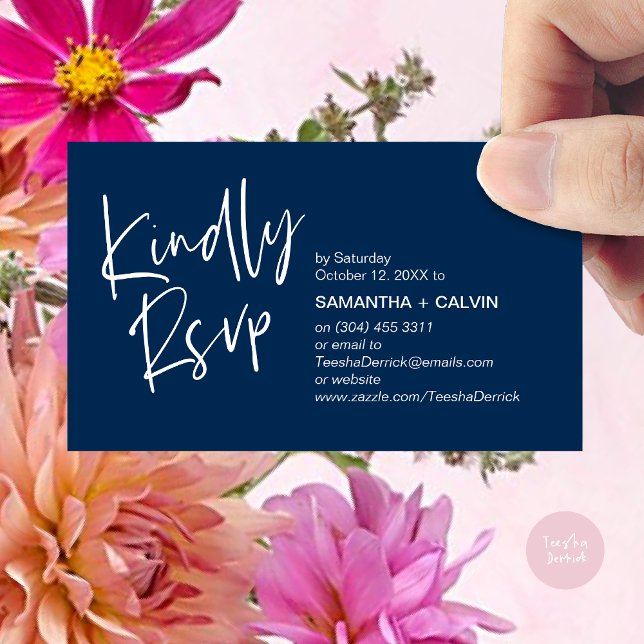 Kindly RSVP Modern Minimalist Wedding Invitation (Kindly RSVP Modern Minimalist Wedding Dinner Invites Reminder Enclosed Card Phone Email Navy Blue)
