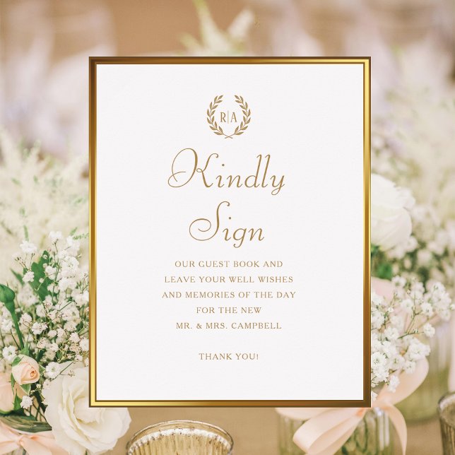 Kindly Sign Monogram Wedding Guest Book Gold White (Creator Uploaded)