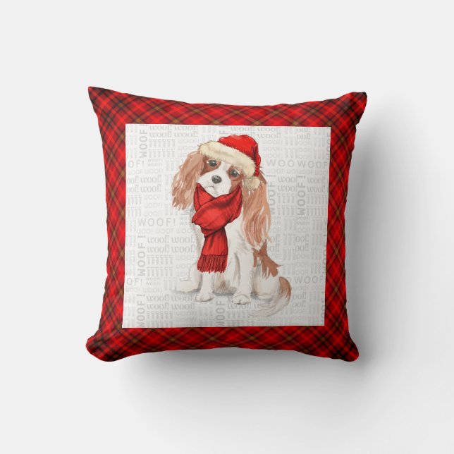 King Charles and Red Plaid Christmas Dog Throw Pil Cushion (Front)