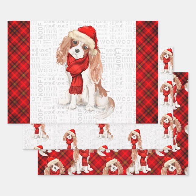 King Charles Cavalier Spaniel Christmas Dog Plaid  Wrapping Paper Sheet (Set)