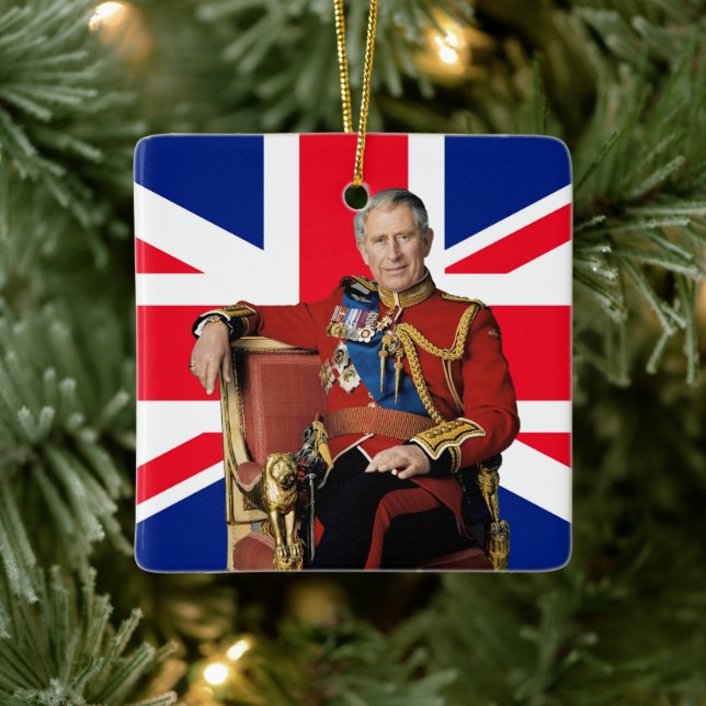 King Charles III British flag Christmas Greeting Ceramic Ornament (Tree)