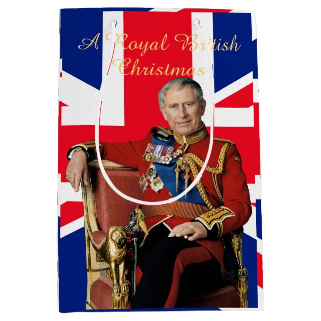 King Charles III British flag Christmas Greeting Medium Gift Bag (Front)