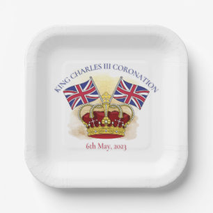 King Charles III Coronation Crown and Flags Paper Plate