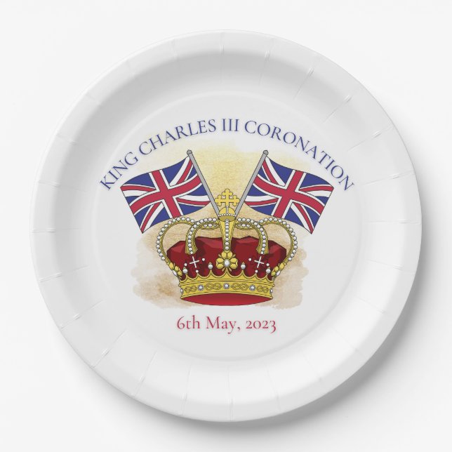 King Charles III Coronation Crown and Flags Paper  Plate (Front)