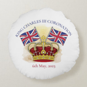 King Charles III Coronation Crown and Flags Round Cushion