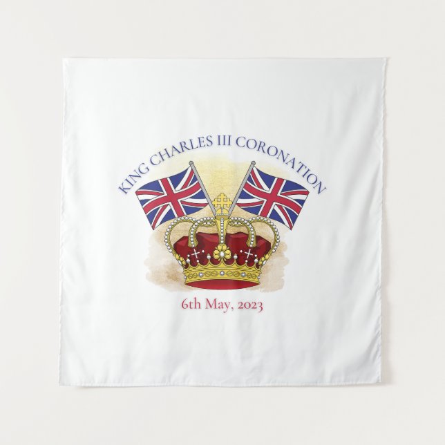 King Charles III Coronation Crown and Flags Tapestry (Front)