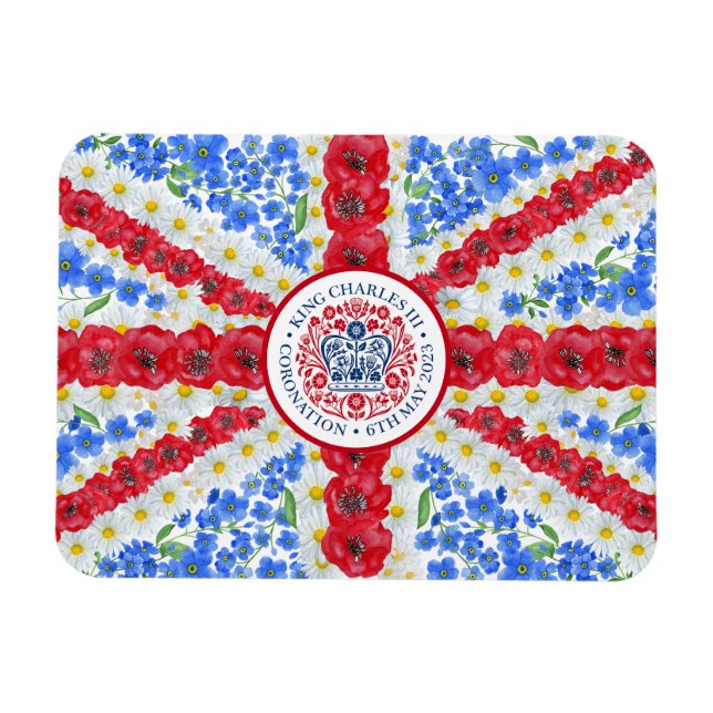 King Charles III Coronation Emblem Floral UK Flag Magnet (Horizontal)