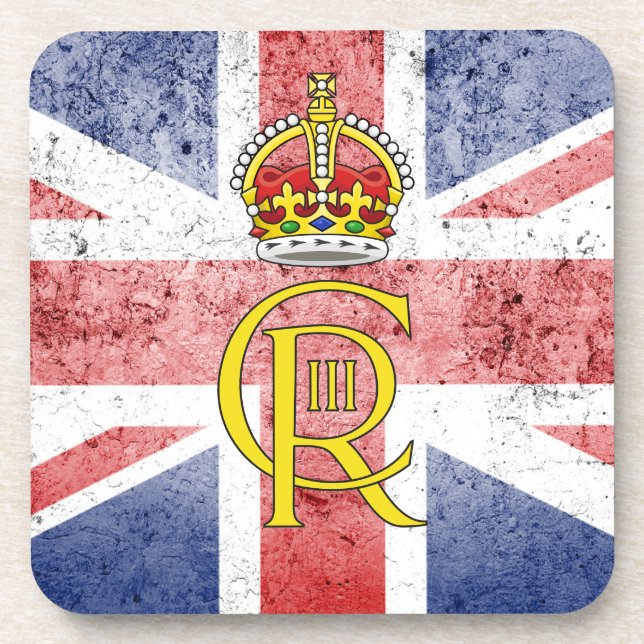 King Charles III cypher on Union Flag coaster (Front)