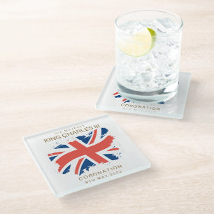 King Charles III Union Jack Flag Glass Coaster