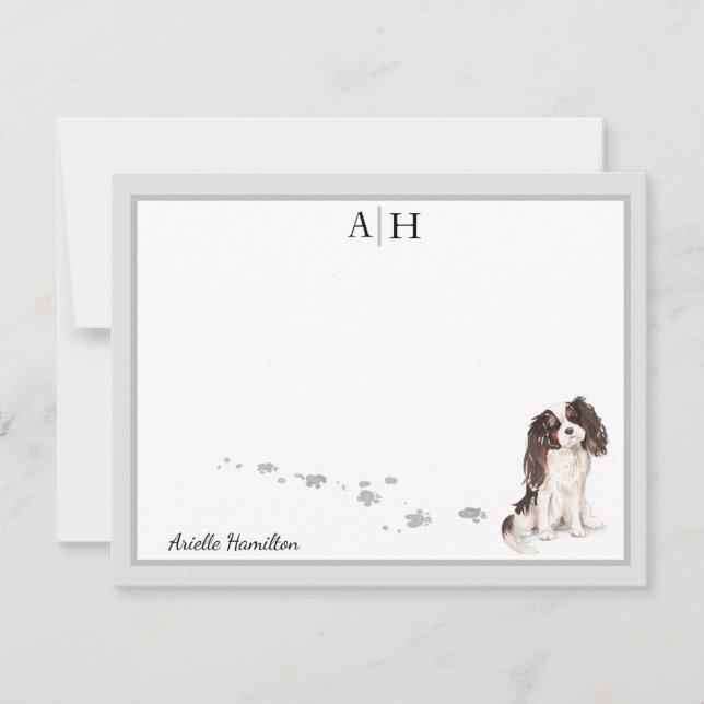 King Charles Spaniel Grey Border Monogram Card (Front)