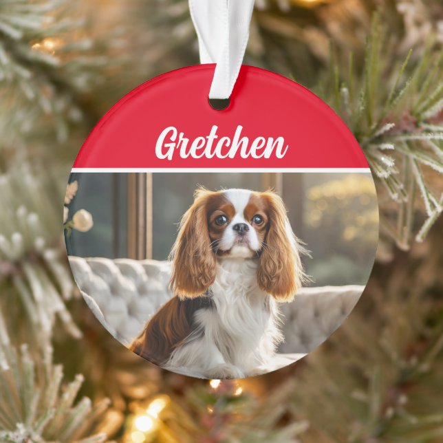King Charles Spaniel with Name and Photo Christmas Ornament (Tree)