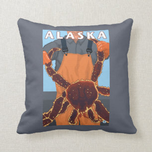 King Crab and Fisherman Vintage Travel Poster Cushion